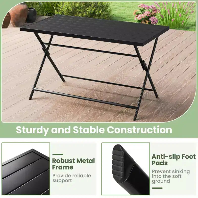 Conjunto de comedor de exterior plegable Costway de 5 piezas, mesa rectangular grande de metal y 4 sillones de malla negros