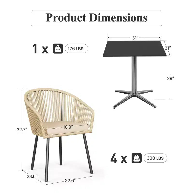 Conjunto de comedor para patio de 5 piezas Captiva Designs, con patas en forma de X, respaldo tejido con cordón y cojín para el asiento