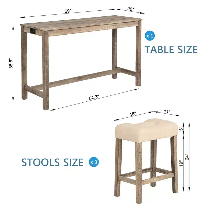 sumyeg 4 Piece Bar Table Set with Power Outlet and 3 Padded Stools for Dining or Living Room