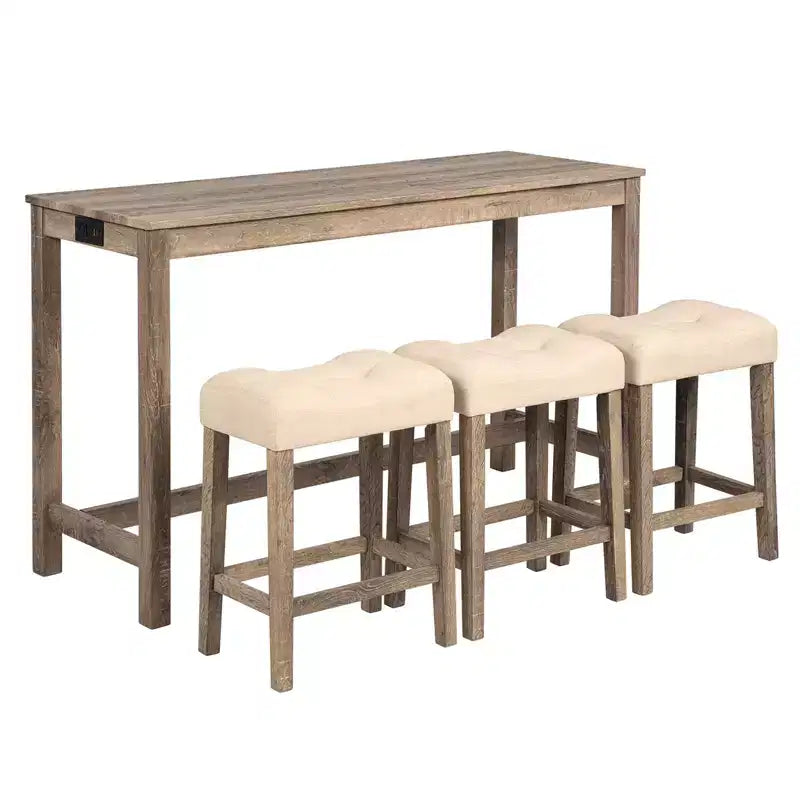 sumyeg 4 Piece Bar Table Set with Power Outlet and 3 Padded Stools for Dining or Living Room