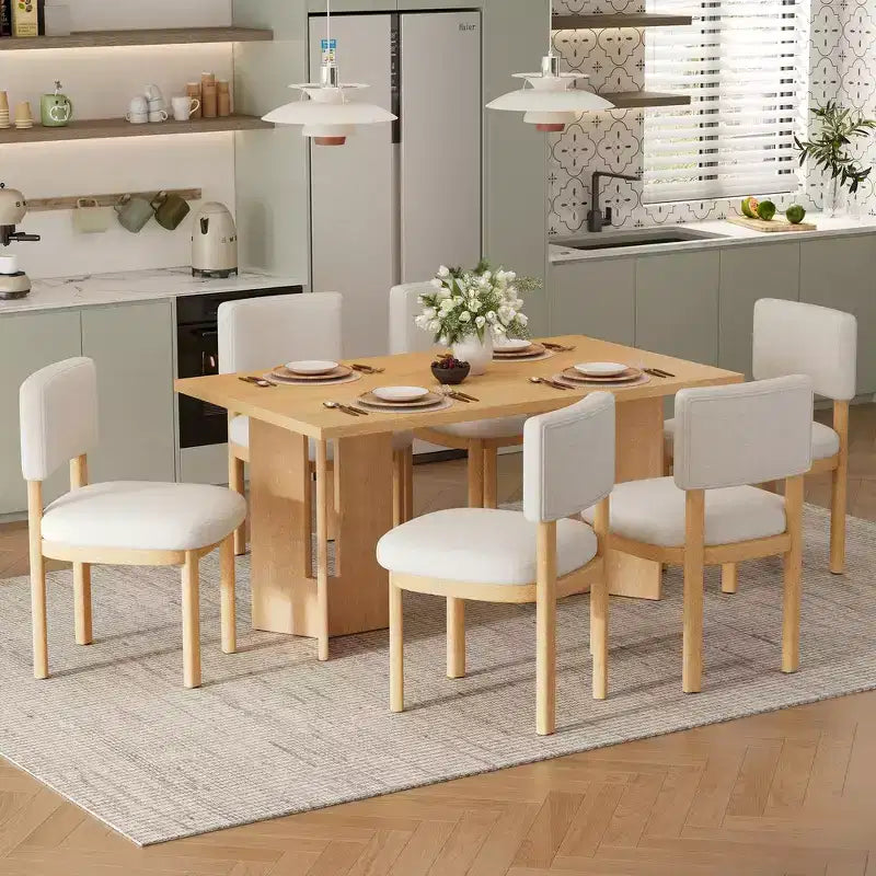 Whisen Farmhouse Wood Dining Table Set for 6 with 6 Upholstered Chairs, 60 Rectangular Dining Table with Cutout Table Legs