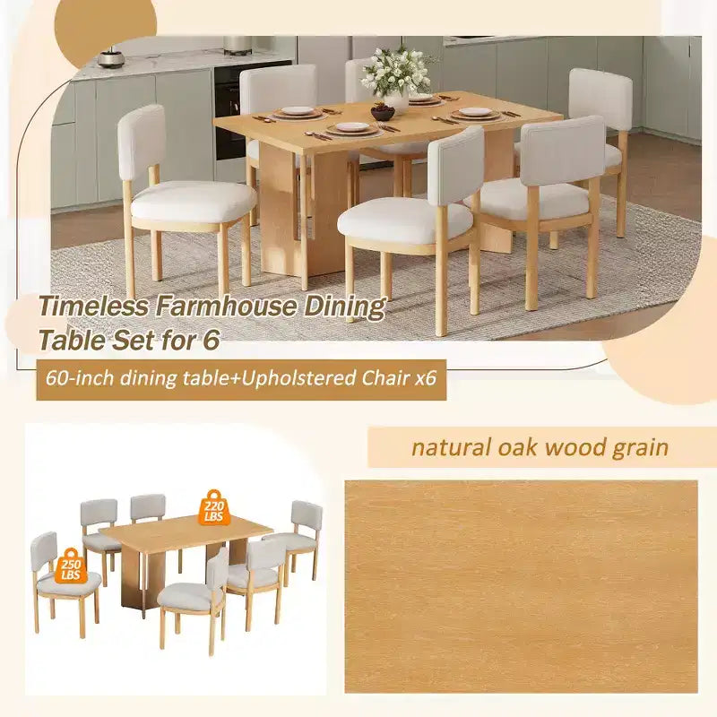 Whisen Farmhouse Wood Dining Table Set for 6 with 6 Upholstered Chairs, 60 Rectangular Dining Table with Cutout Table Legs
