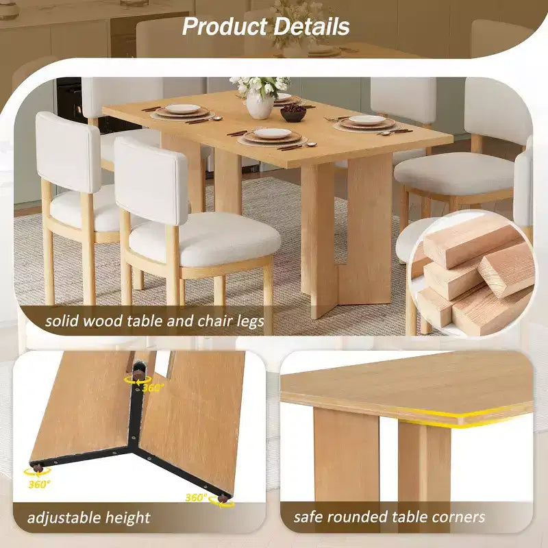 Whisen Farmhouse Wood Dining Table Set for 6 with 6 Upholstered Chairs, 60 Rectangular Dining Table with Cutout Table Legs