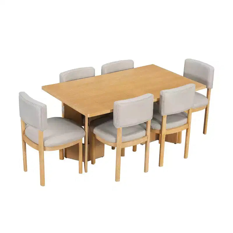 Whisen Farmhouse Wood Dining Table Set for 6 with 6 Upholstered Chairs, 60 Rectangular Dining Table with Cutout Table Legs