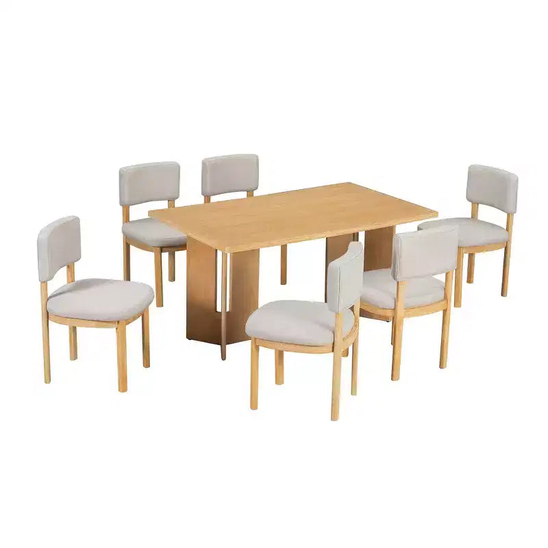 Whisen Farmhouse Wood Dining Table Set for 6 with 6 Upholstered Chairs, 60 Rectangular Dining Table with Cutout Table Legs