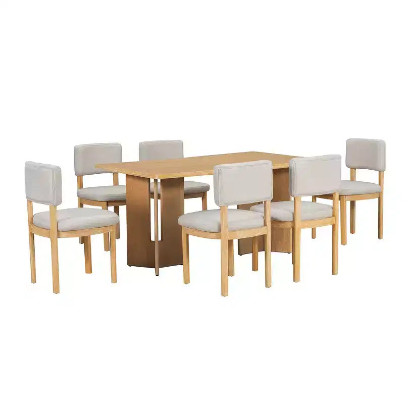 Whisen Farmhouse Wood Dining Table Set for 6 with 6 Upholstered Chairs, 60 Rectangular Dining Table with Cutout Table Legs