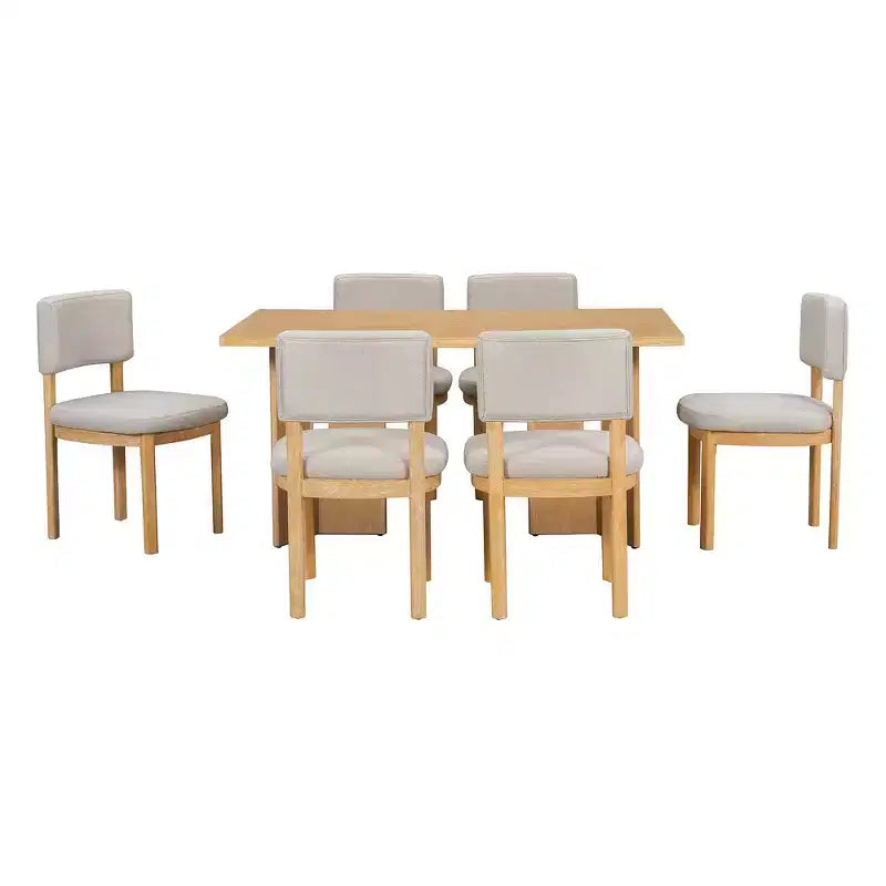 Whisen Farmhouse Wood Dining Table Set for 6 with 6 Upholstered Chairs, 60 Rectangular Dining Table with Cutout Table Legs