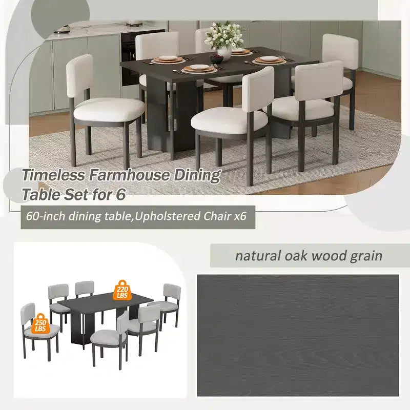 Whisen Farmhouse Wood Dining Table Set for 6 with 6 Upholstered Chairs, 60 Rectangular Dining Table with Cutout Table Legs
