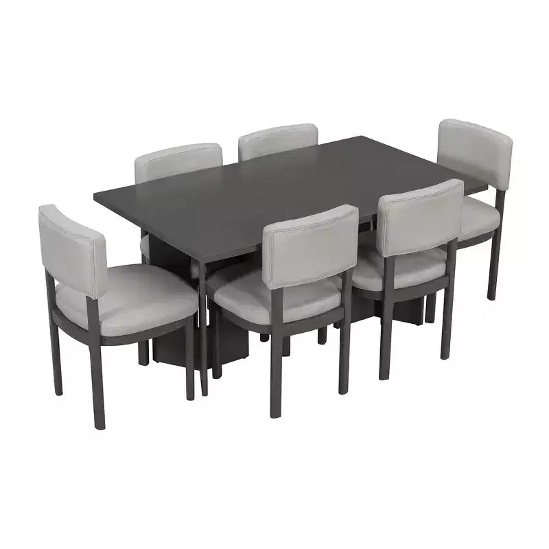 Whisen Farmhouse Wood Dining Table Set for 6 with 6 Upholstered Chairs, 60 Rectangular Dining Table with Cutout Table Legs