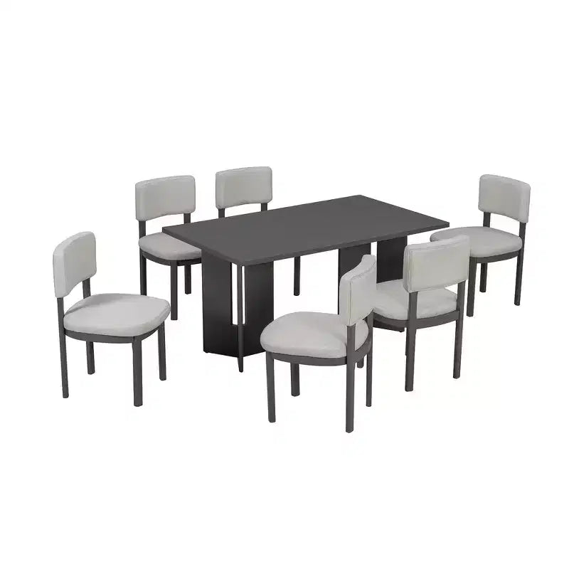 Whisen Farmhouse Wood Dining Table Set for 6 with 6 Upholstered Chairs, 60 Rectangular Dining Table with Cutout Table Legs