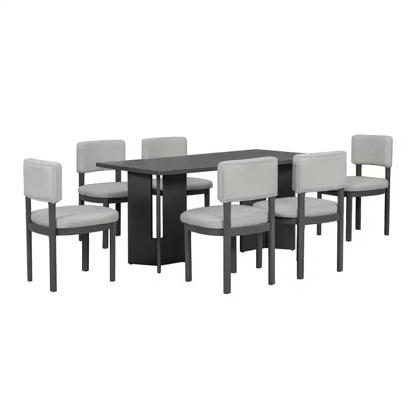 Whisen Farmhouse Wood Dining Table Set for 6 with 6 Upholstered Chairs, 60 Rectangular Dining Table with Cutout Table Legs