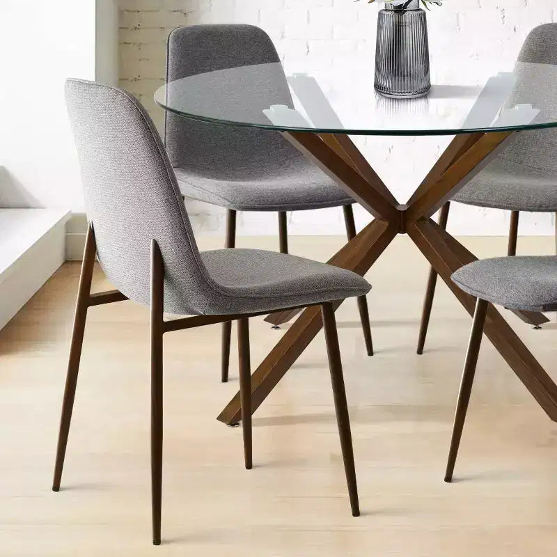Olive+Oslo 5-teiliges Esstisch-Set für 4 Personen, runder Esstisch aus Glas mit 4 gepolsterten Esszimmerstühlen und Walnussbeinen – Panipeachy