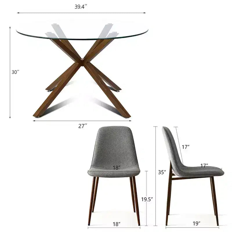 Olive+Oslo 5-teiliges Esstisch-Set für 4 Personen, runder Esstisch aus Glas mit 4 gepolsterten Esszimmerstühlen und Walnussbeinen – Panipeachy