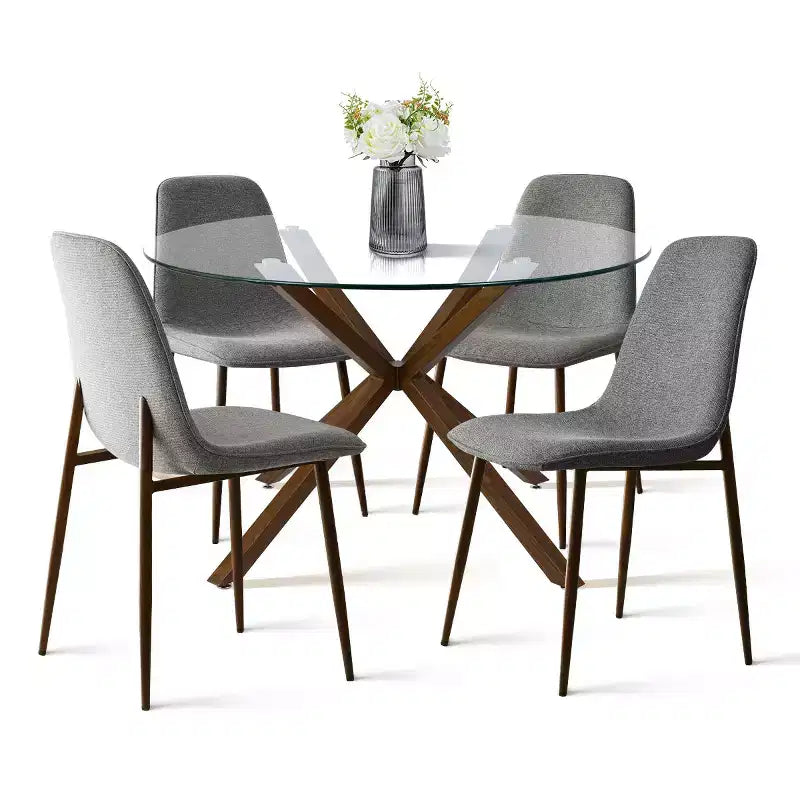 Olive+Oslo 5-teiliges Esstisch-Set für 4 Personen, runder Esstisch aus Glas mit 4 gepolsterten Esszimmerstühlen und Walnussbeinen – Panipeachy