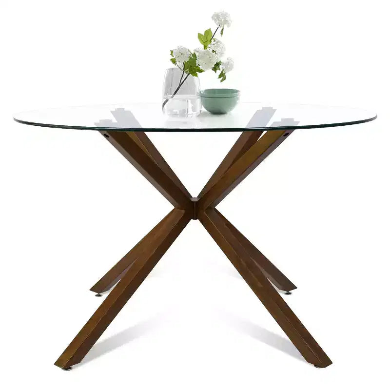 Olive+Oslo 5-teiliges Esstisch-Set für 4 Personen, runder Esstisch aus Glas mit 4 gepolsterten Esszimmerstühlen und Walnussbeinen – Panipeachy