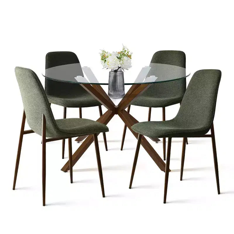 Olive+Oslo 5-teiliges Esstisch-Set für 4 Personen, runder Esstisch aus Glas mit 4 gepolsterten Esszimmerstühlen und Walnussbeinen – Panipeachy