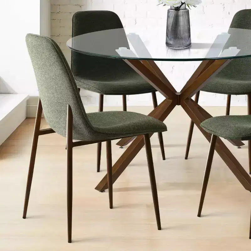 Olive+Oslo 5-teiliges Esstisch-Set für 4 Personen, runder Esstisch aus Glas mit 4 gepolsterten Esszimmerstühlen und Walnussbeinen – Panipeachy