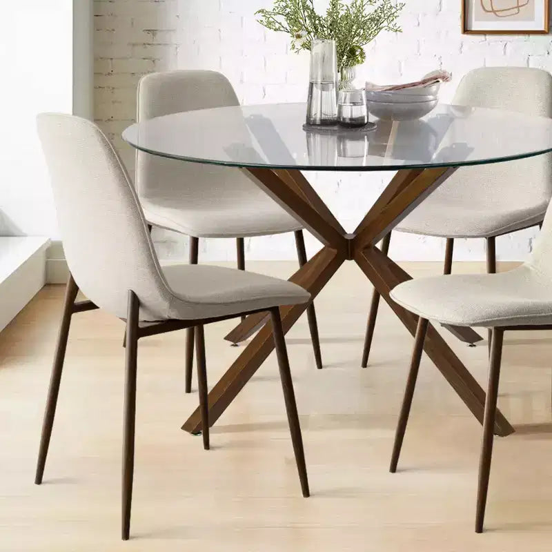 Olive+Oslo 5-teiliges Esstisch-Set für 4 Personen, runder Esstisch aus Glas mit 4 gepolsterten Esszimmerstühlen und Walnussbeinen – Panipeachy