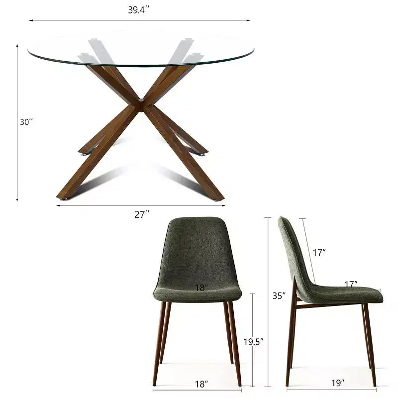 Olive+Oslo 5-teiliges Esstisch-Set für 4 Personen, runder Esstisch aus Glas mit 4 gepolsterten Esszimmerstühlen und Walnussbeinen – Panipeachy