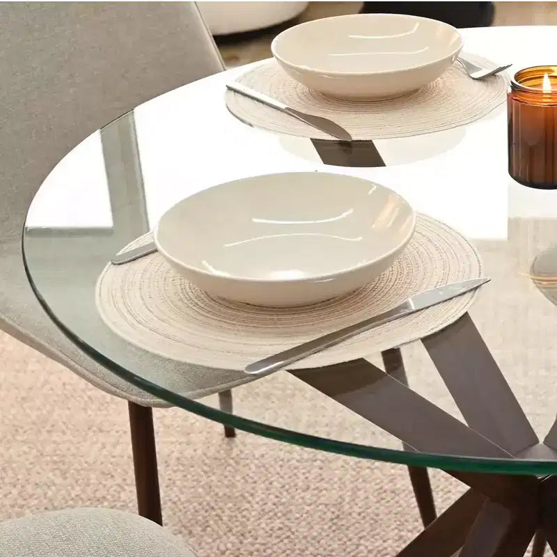 Olive+Oslo 5-teiliges Esstisch-Set für 4 Personen, runder Esstisch aus Glas mit 4 gepolsterten Esszimmerstühlen und Walnussbeinen – Panipeachy