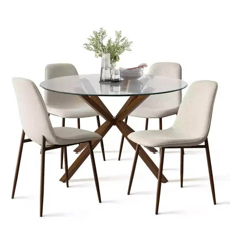 Olive+Oslo 5-teiliges Esstisch-Set für 4 Personen, runder Esstisch aus Glas mit 4 gepolsterten Esszimmerstühlen und Walnussbeinen – Panipeachy