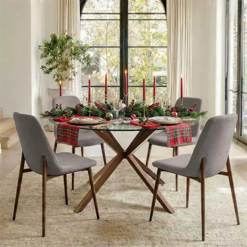 Olive+Oslo 5-teiliges Esstisch-Set für 4 Personen, runder Esstisch aus Glas mit 4 gepolsterten Esszimmerstühlen und Walnussbeinen – Panipeachy