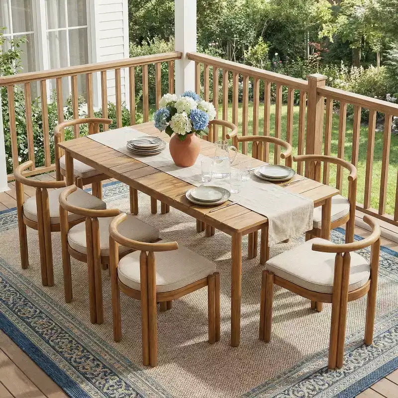 Set da pranzo rustico da patio in legno di acacia Eleni Christopher Knight Home da 9 pezzi, con piano del tavolo a doghe e cuscini