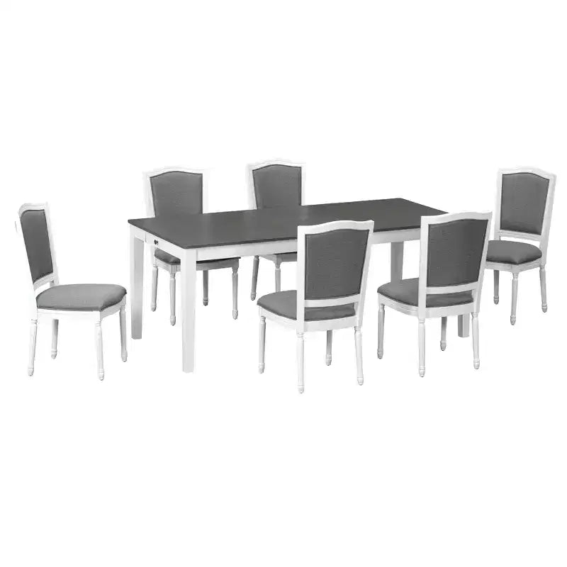 Rustic Extendable Dining Table Set for 6, 7 Pieces Rectangle Dining Table with 6 Upholstered Chairs, Kitchen Table Set with 2 Drawers