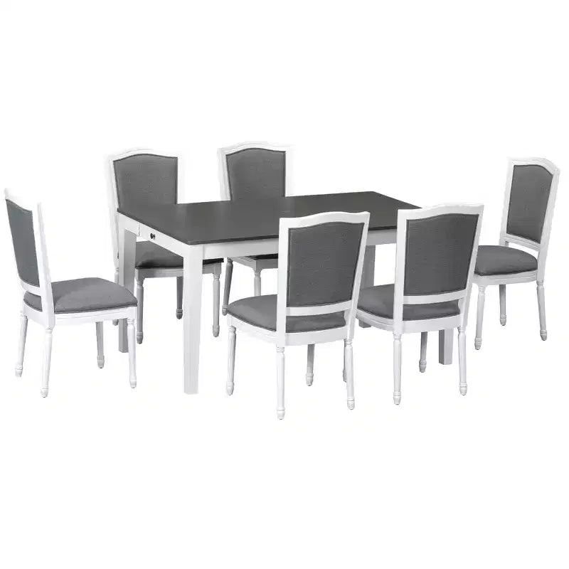 Rustic Extendable Dining Table Set for 6, 7 Pieces Rectangle Dining Table with 6 Upholstered Chairs, Kitchen Table Set with 2 Drawers