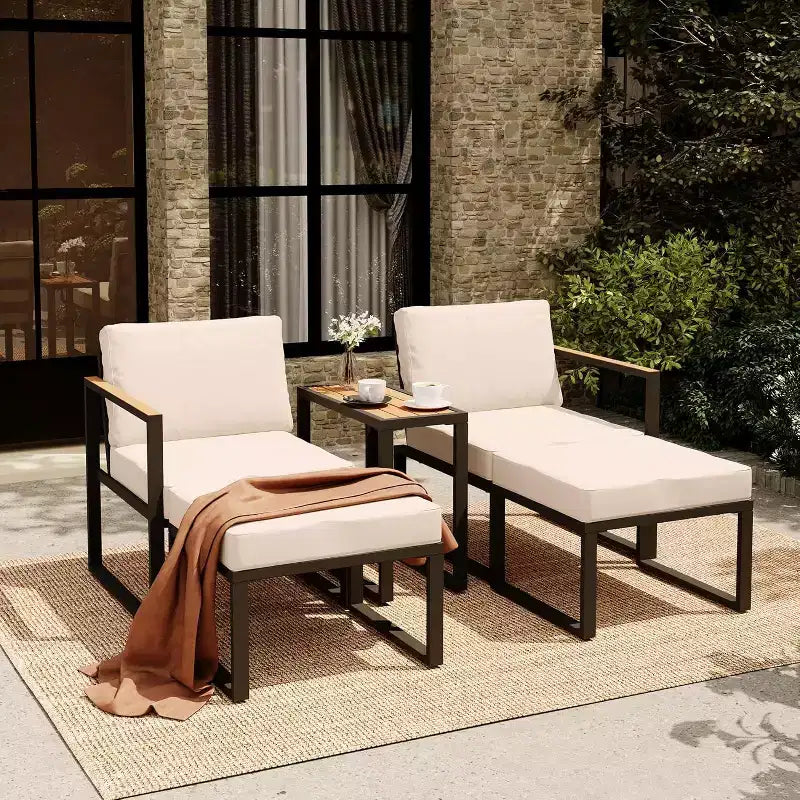 LAUSAINT HOME 5 Pieces Outdoor Conversation Set with Thick Cushions 2 Ottomans&Side Table