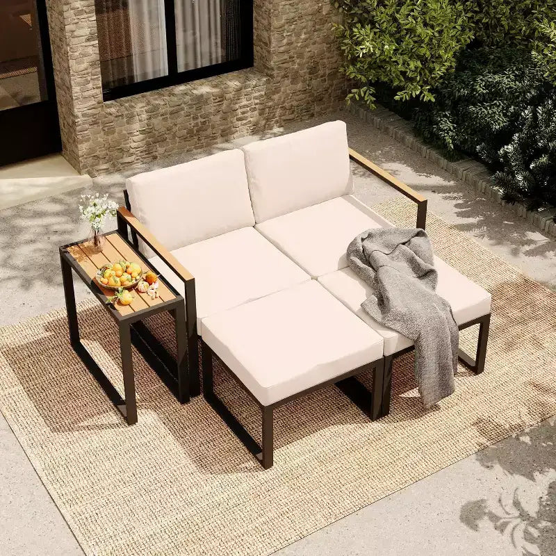 LAUSAINT HOME 5-teiliges Outdoor-Sitzset mit dicken Kissen, 2 Hocker und Beistelltisch