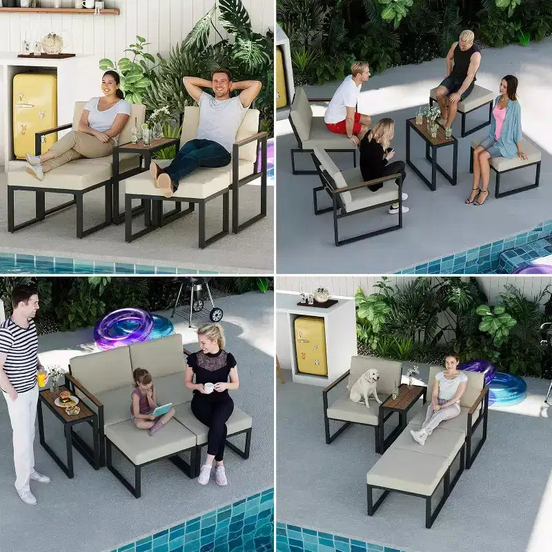 LAUSAINT HOME 5-teiliges Outdoor-Sitzset mit dicken Kissen, 2 Hocker und Beistelltisch
