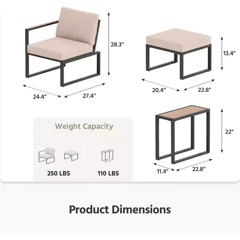LAUSAINT HOME 5-teiliges Outdoor-Sitzset mit dicken Kissen, 2 Hocker und Beistelltisch