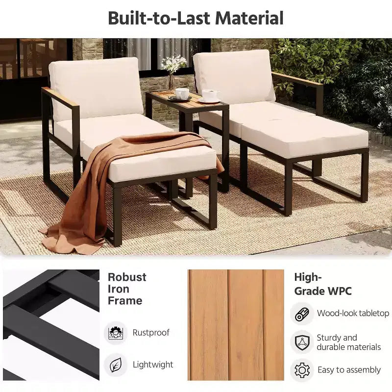 LAUSAINT HOME 5-teiliges Outdoor-Sitzset mit dicken Kissen, 2 Hocker und Beistelltisch