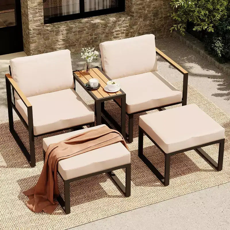 LAUSAINT HOME 5-teiliges Outdoor-Sitzset mit dicken Kissen, 2 Hocker und Beistelltisch
