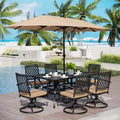 Captiva Designs 8pc Outdoor Rectangular Steel Dining Table & Black Steel Chairs & Market Umbrella