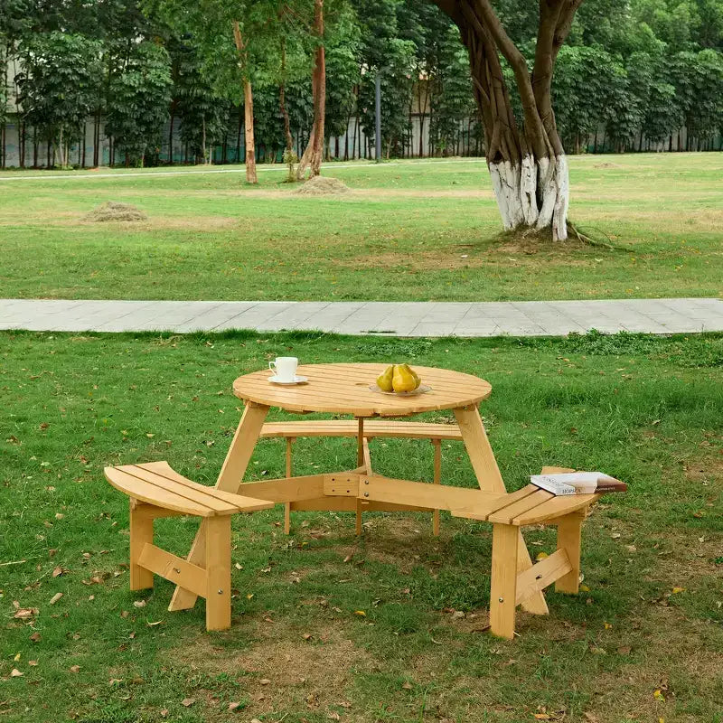 Whisen rund picknickgrupp för 8 personer utomhus, bord och bänkar för uteplatsen, matgrupp med 4 inbyggda bänkar och parasollhål