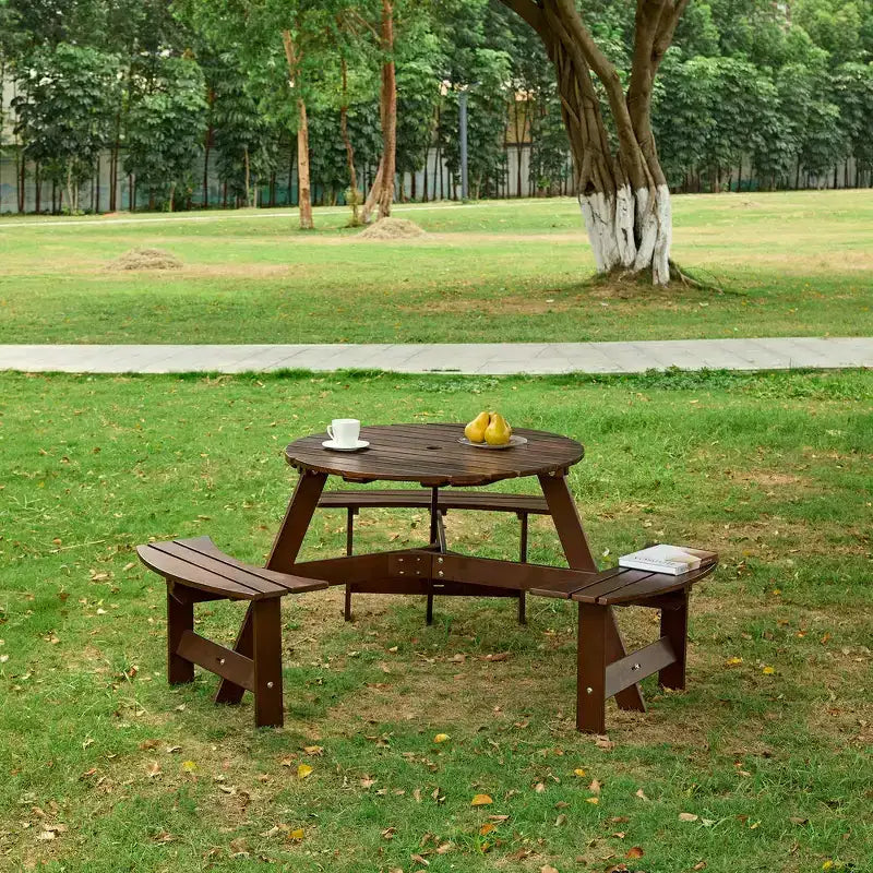 Whisen rund picknickgrupp för 8 personer utomhus, bord och bänkar för uteplatsen, matgrupp med 4 inbyggda bänkar och parasollhål