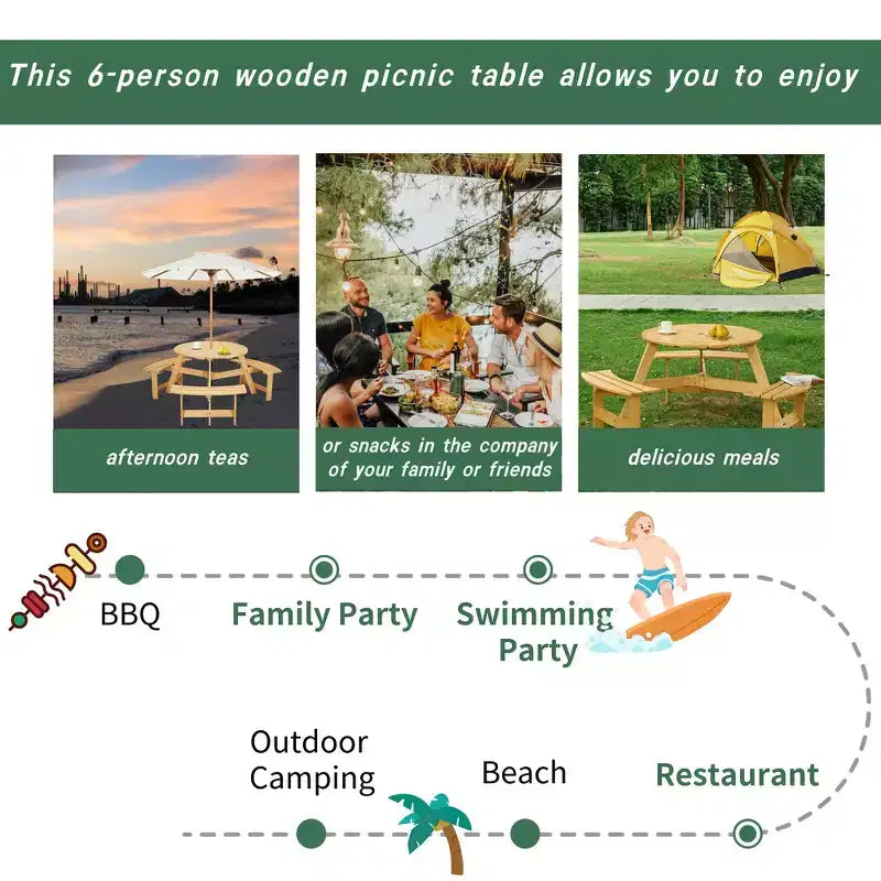 Whisen rund picknickgrupp för 8 personer utomhus, bord och bänkar för uteplatsen, matgrupp med 4 inbyggda bänkar och parasollhål