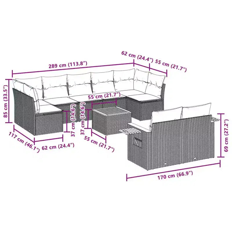 vidaXL Garden Sofa Set PE rattan Standard Adjustable Feet