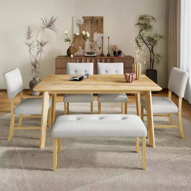 6-Piece Rustic Dining Set with Wood Table, 4 Chairs, and Bench for 6 People