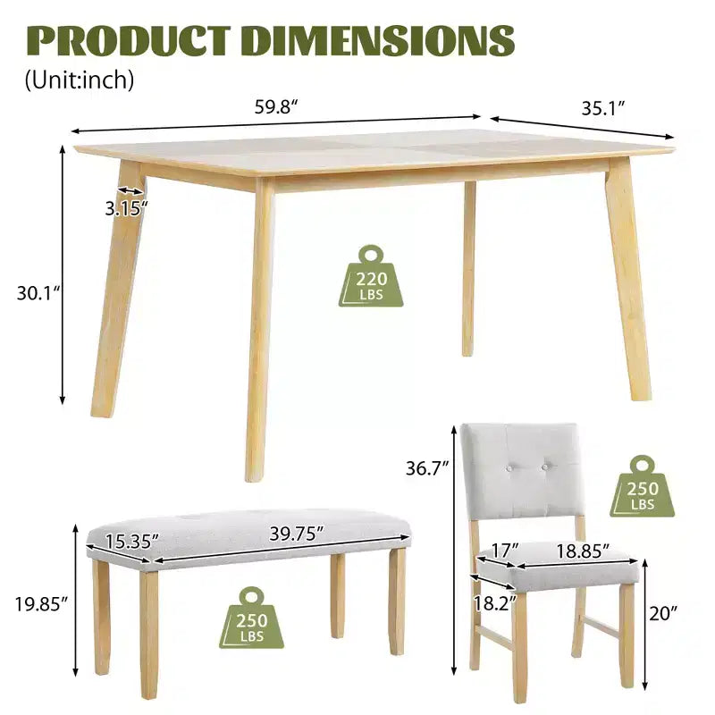 6-Piece Rustic Dining Set with Wood Table, 4 Chairs, and Bench for 6 People