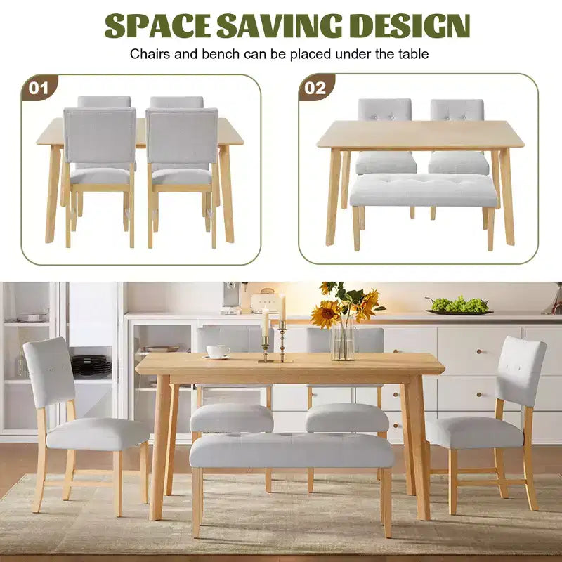 6-Piece Rustic Dining Set with Wood Table, 4 Chairs, and Bench for 6 People