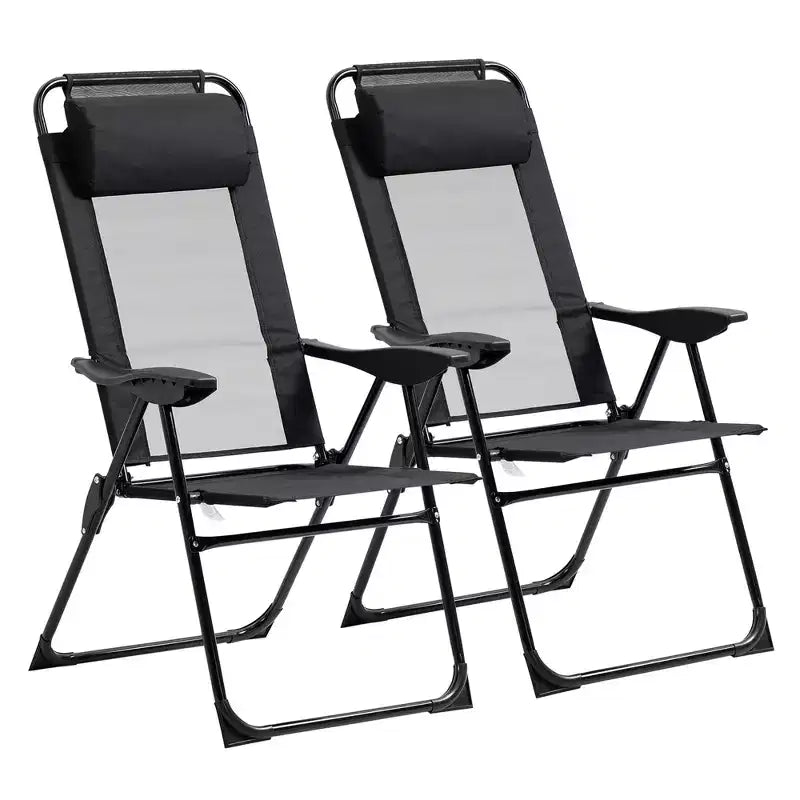 Set van 2 inklapbare eetstoelen voor terras, terrasstoel voor buiten met verstelbare slingrug, kampeerstoel met afneembare hoofdsteun voor tuin en achtertuin, zwart