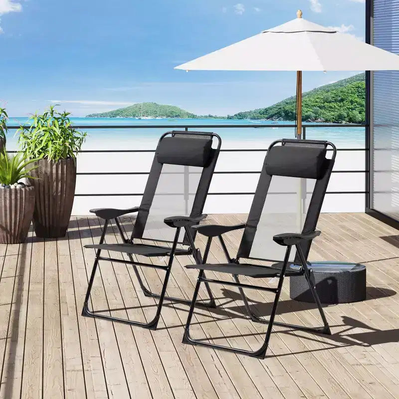Set van 2 inklapbare eetstoelen voor terras, terrasstoel voor buiten met verstelbare slingrug, kampeerstoel met afneembare hoofdsteun voor tuin en achtertuin, zwart