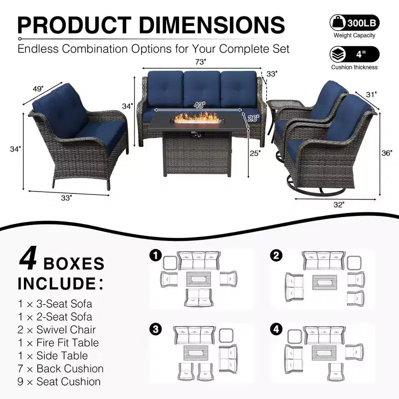 UPTIOT Premium Outdoor Sofa Set with Fire Pit Table & Swivel Chairs