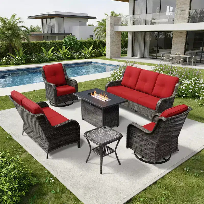 UPTIOT Premium Outdoor Sofa Set with Fire Pit Table & Swivel Chairs