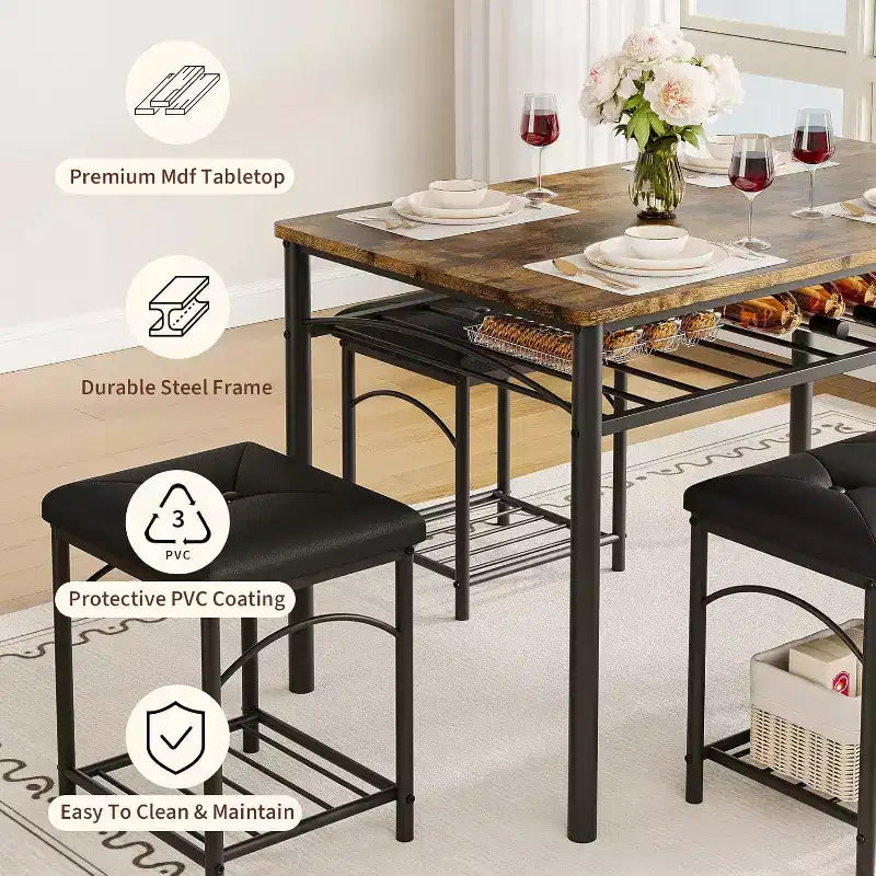 Dining Table Set for 4, Kitchen Table with Upholstered Bench and 2 Stools, with Storage Rack & Metal Frame for Small Space