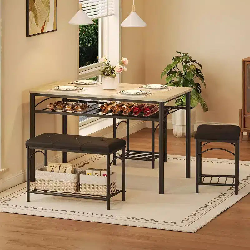 Dining Table Set for 4, Kitchen Table with Upholstered Bench and 2 Stools, with Storage Rack & Metal Frame for Small Space