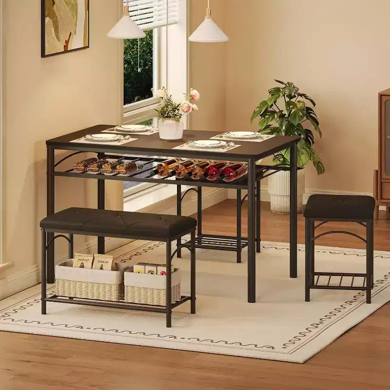 Dining Table Set for 4, Kitchen Table with Upholstered Bench and 2 Stools, with Storage Rack & Metal Frame for Small Space